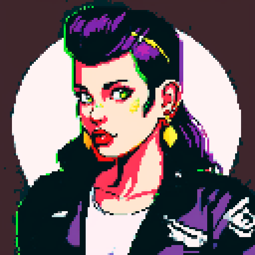 Thicc, busty goth girl, long purple hair, eyeliner, red lipstick, nude breast, studded collar, up close face portrait, vibrant sega genesis palette, nude pixel art portrait,