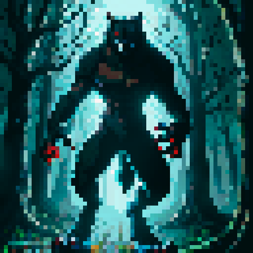 werewolf, forest background, red-eyed, slightly hunched posture, pixelated style, vibrant sRGB colors