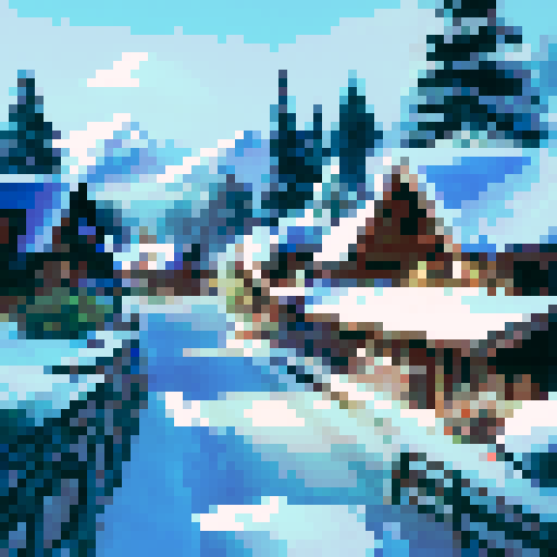 snowy mountain range ski town with a tiny lodge, igloo, campsite, cold, pixel art, sRGB, christmas themed