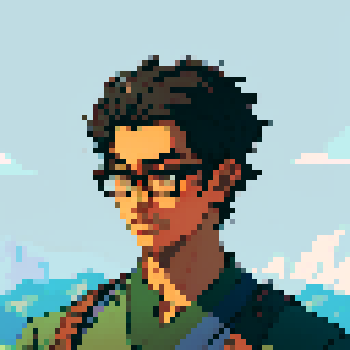 Southeast Asian man, short curly hair, round glasses, tanned