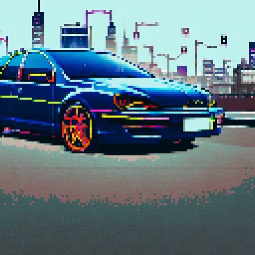 Zooming past neon-lit streets, the Golf mark 2's headlights reflect off the glossy buildings, as the anime-style cityscape blurs into a kaleidoscope of vibrant colors and futuristic architecture.