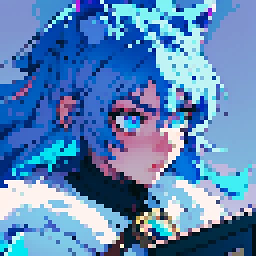 calm, beautifully crafted, pixel art wolf with vibrant fur, piercing blue eyes, and a serene expression, set against a 128x128 pixel grid, showcasing the intricate details and smooth shading of traditional pixel art in a vibrant sRGB color palette
