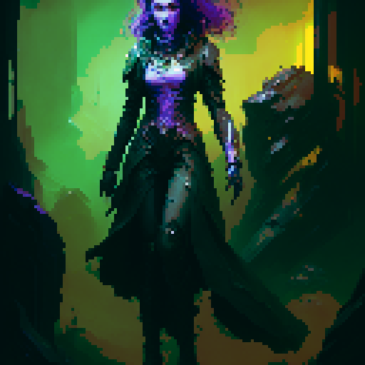 female necromancer, long dark hair, full body, action pose, swirling purple and green magic, mysterious ruins, ethereal glow, intricate staff, tight fitting flowing robes, intense gaze, dark shadows, ancient spellbook, fantasy Medieval RPG