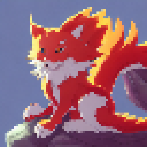 Kitsune, a nine-tailed fox with fiery red fur, stands atop a moss-covered rock in a misty forest as cherry blossom petals fall around her, while a Japanese watercolor style paints the scene.