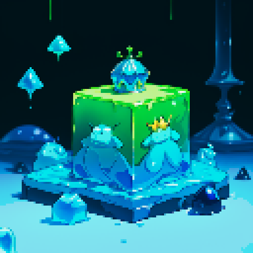 Blue Slime cube, Gelatinous cube, wearing crown, giant Slime, boss fight