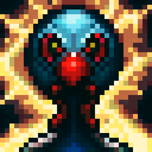 Pixel art spider icon, red eyes, no background