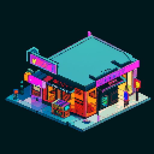 isometric view of a cyberpunk-styled store. Set at night time.