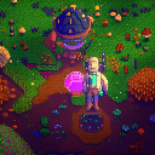 Podcaster in Stardew world, surrounded by whimsical mushrooms, holding a glowing studio microphone, with a loyal dragon companion by their side.
