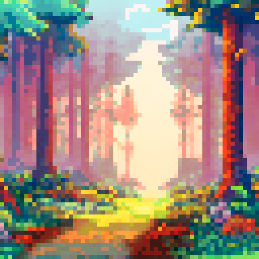 Sunset meadow in the forest, misty, with tall trees towering above in the background, all in a pixel art style with vibrant sRGB colors