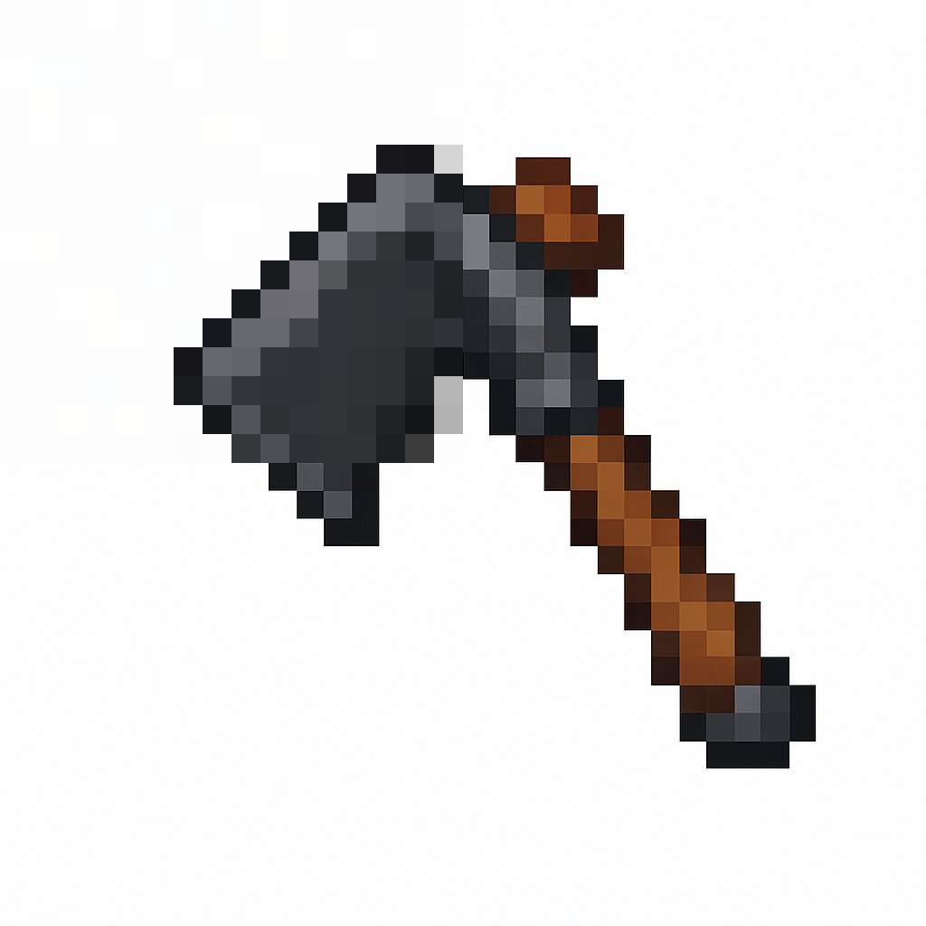 A sturdy farming hoe icon, tool head crafted from matte dark grey iron, sharp and defined blade edge, smooth polished wooden handle with a metal reinforcement ring, solid industrial look. pixel art style, 16x16 grid resolution, minecraft item icon style, flat 2D game asset, white background, no shadows, hard edges, diagonal tool view.