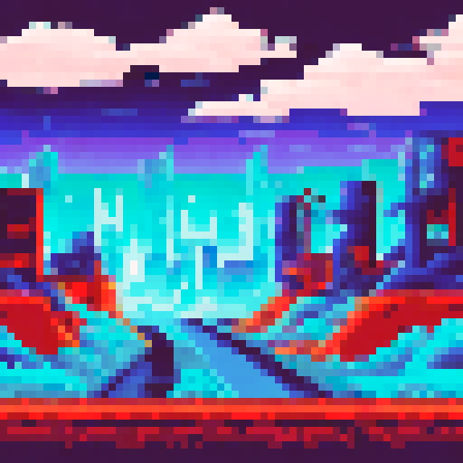 The optimistic future in the background to the right with bright colors and technology, with decaying factories and dark colors in the foreground.