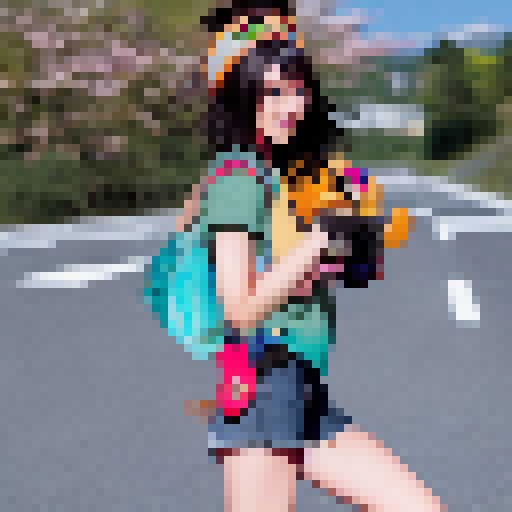 Haruhi Suzumiya, with her iconic yellow headband, stands atop a hill at sunset, surrounded by a sea of cherry blossom trees and anime-style characters cheering her on.