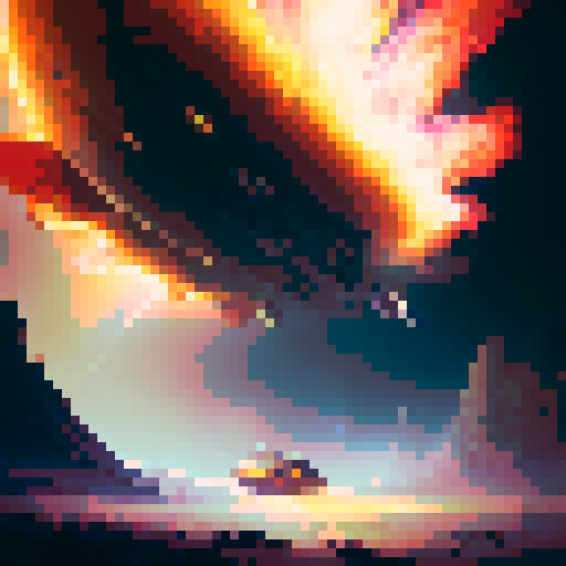 Fiery meteorite hurtling through the starry sky, leaving a trail of sparks and smoke, crashes into the vast, green wilderness of Earth, causing a colossal explosion that shatters the tranquil landscape and sends shockwaves rippling through the air, all depicted in a vibrant, hyper-realistic style.