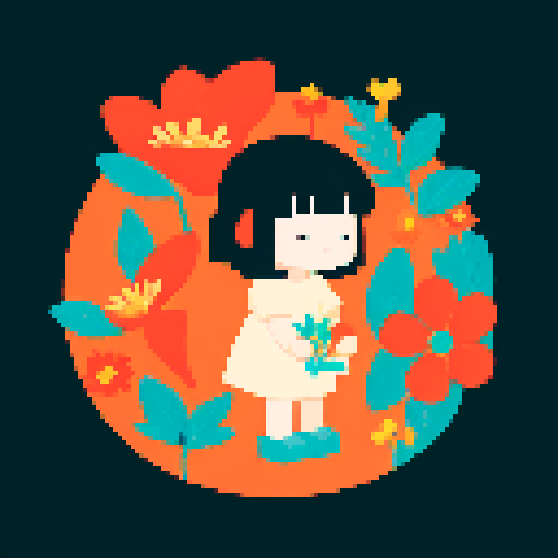 flat, childish illustration with a girl and lots of cats around her, flowers,leaves, abstraction,close-up
