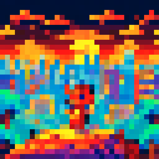 Hamster firefighter heroically battling a blazing inferno amidst a sprawling, urban landscape with towering skyscrapers looming in the sRGB pixel art background