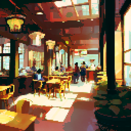 Cafe interior, bustling New York City morning, tired customers, lively conversations, steaming cups of coffee