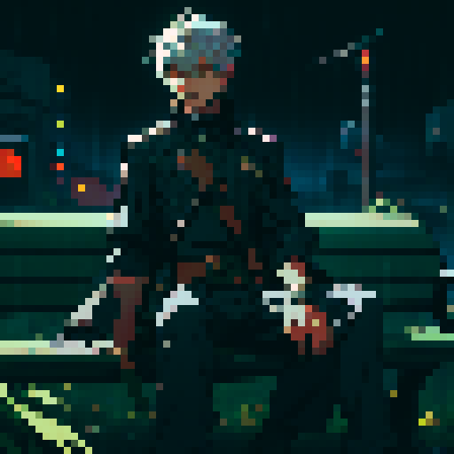 Sci-fi male gunslinger sitting on a bench waiting for the rain to stop