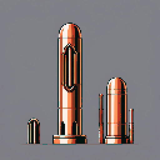 I want a tall vertical copper structure reminiscent of a organ pipe. It should have strange mechanical details that could interlock with each other. I also want this object usable an asset in a videogame, meaning only one object per image, outlined with a strong black stroke, on a solid-color background.