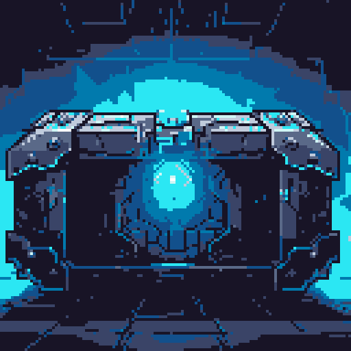 mystery box, stone, metall, shiny, pixel art, sRGB, vibrant colors, glowing lights, intricate patterns

