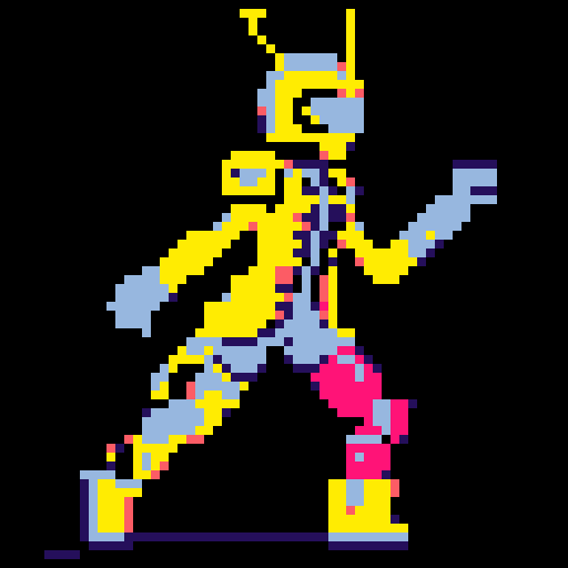 cyberpunk space trader sprite, pixel art, futuristic design, cybernetic arm with intricate detailing, glowing yellow-orange visor over the eyes, trench coat with glowing lines, blue and teal color palette with neon pink and yellow accents, distinct sci-fi aesthetic, confident posture, mid-step left first, left left bent and raised, arms extended, pixel art, sRGB