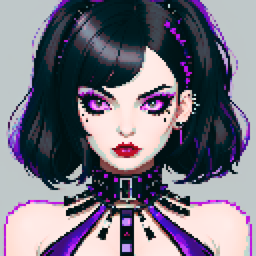 curvy, cute busty goth girl's face, whole head portrait, black hair, purple eyeshadow, red lipstick, low cut black studded leather halter top, studded collar, vibrant sRGB colors, edgy aesthetic. 