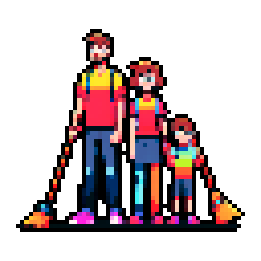 happy family of five, smiling and standing close together, with pixelated features and vibrant colors, posing in front of a sRGB background, one person holding a pixelated broom