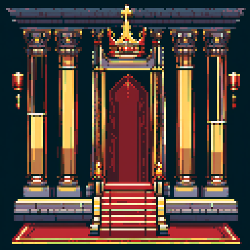 royal chamber, kingdom, throne, columns, light on throne, building, inside, block, gold