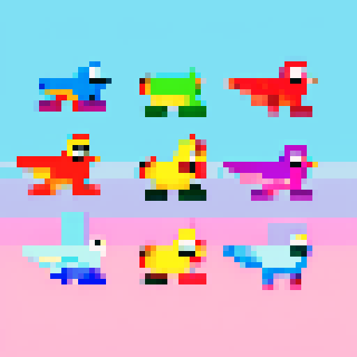 colorful, vibrant, pixelated birds, flying in a mesmerizing, sRGB palette
