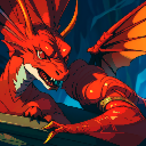 red dragon, vibrant red scales, fierce gaze, sharp claws, majestic wings, lounging lazily, shimmering pile of gold, intricate details, pixelated art style, sRGB color profile