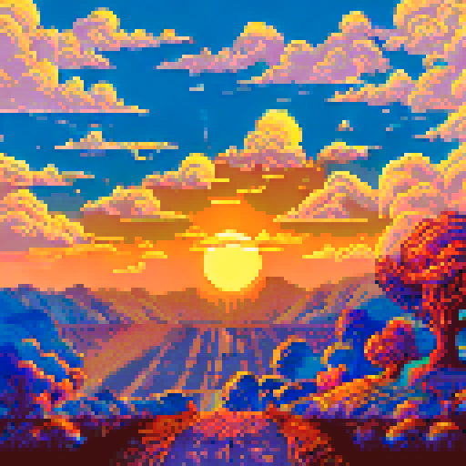 "Orange and pink hues blending seamlessly over the rolling hills of the vast countryside, towering trees marking the edge of a dense forest in the distance, as the sun disappears behind the horizon, casting a warm glow over the pixelated landscape"
