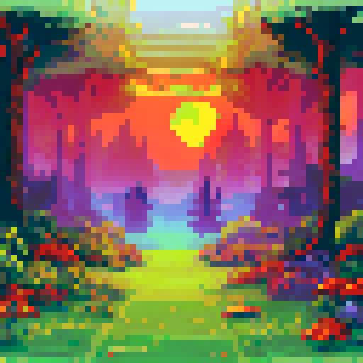 Sunset meadow in the forest, misty, with tall trees towering above in the background, all in a pixel art style with vibrant sRGB colors