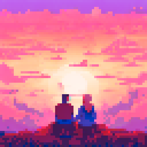 couple sitting against the scenery,a sunny day,pixel art