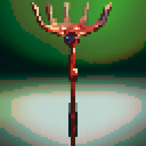 fleshy, thorny iron crown, tuning forks for hands and feet, hovering above ground, sRGB, pixel art