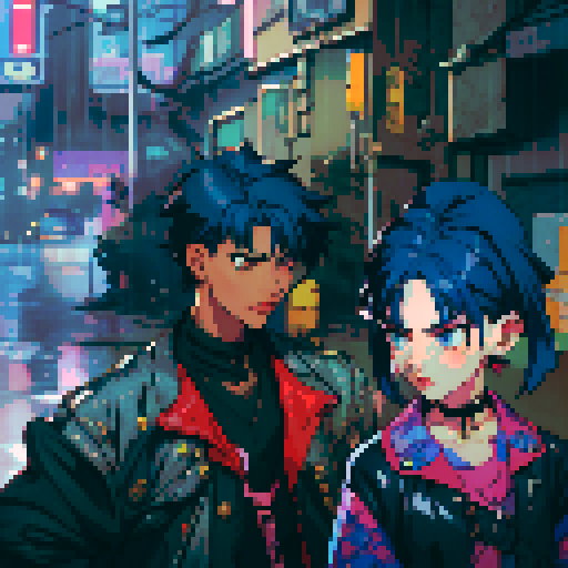 blue haired 90s pop girl on the right is smoking a cigarette, and the man on the left with black hair is holding a gun, night time rainy oldtime villag, grim