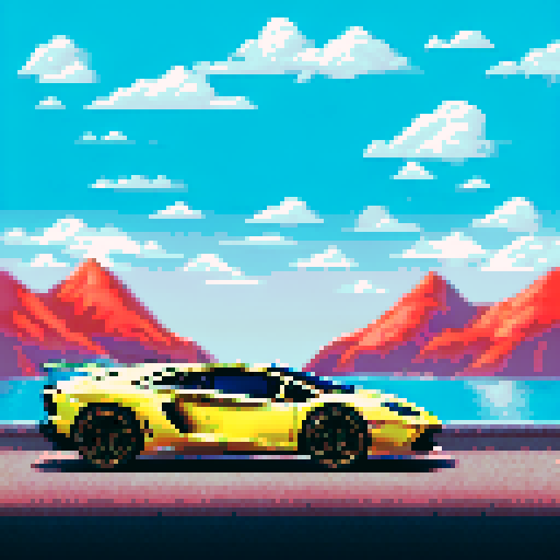 Photorealistic, centered Lamborghini Aventador in a three quarter view, right wheel in front, clean background, pixel art style with sRGB colors