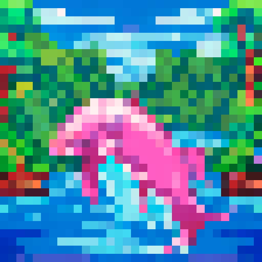a pink dolphin jumping in a river in the middle of a rainforest