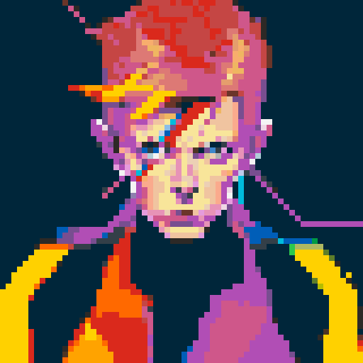 david bowie, vibrant colors, zigzag lightning bolt, retro arcade game, glitch effects, neon lights, geometric patterns, face close-up