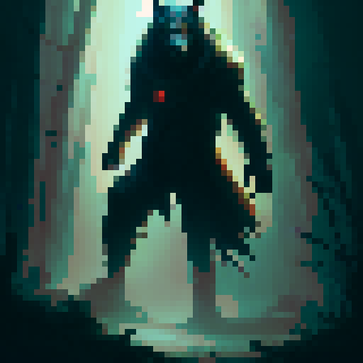 a werewolf, standing in the forest, red eyes. looking at us, slightly bent forward