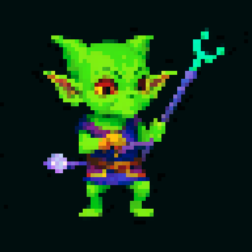 A mystical goblin with tribal markings, a staff, and a magical aura. It wears robes and has glowing eyes, with an air of wisdom and power. No background.

