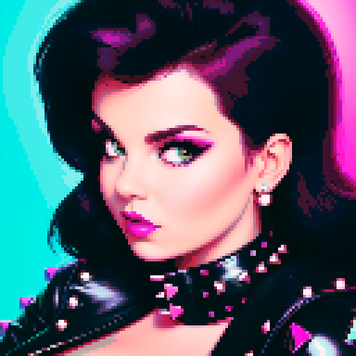 curvy, busty 1980s rocker babe with studded collar. Portrait of head, in a close up glamour shot. Neon lighting, modern tile backsplash.