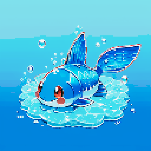 pokemon style water type starter, pixelated sprite, vibrant blue scales, aquatic creature, fins and gills, cute and friendly expression, small and compact body, water droplets splashing, shiny and reflective skin, animated waves surrounding