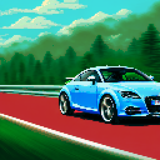 Photorealistic, centered Audi TT in a three quarter view, right wheel in front, clean background, pixel art style with sRGB colors