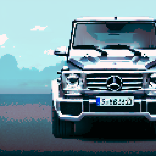 Photorealistic whole Mercedes-Benz G-class, three-quarter view, right front wheel, clean background, sRGB colors, pixel art style, background landscape