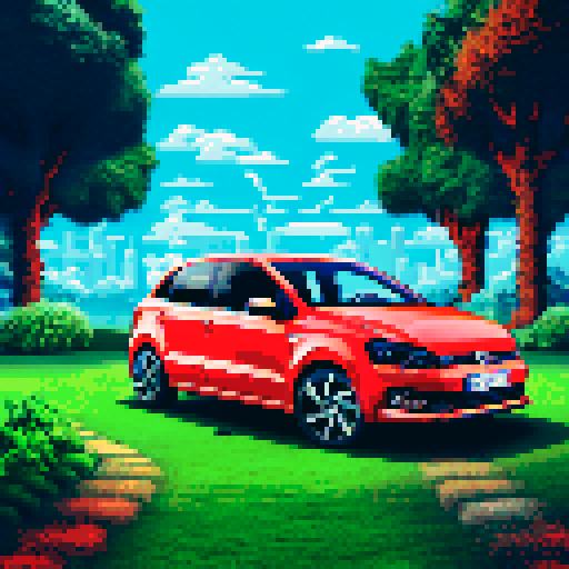 Photorealistic whole Volkswagen Polo, centered, three-quarter view, right front wheel, clean background, realistic colors, pixel art style