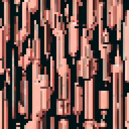 I want vertical copper structures reminiscent of a organ's pipes. I want strange, interlocking mechanical copper shapes that look twisted by magic. I also want them usable as assets in a videogame, meaning only one object per image, outlined with a strong black stroke, on a solid-color background.