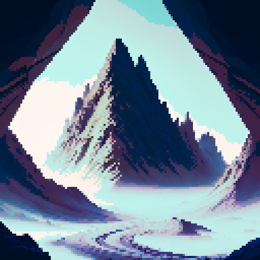 Minimalist, black and white, geometric shapes with sharp edges. Rocky terrain, jagged peaks, steep inclines, dizzying heights, perilous drops, whipping wind, and a breathtaking view.