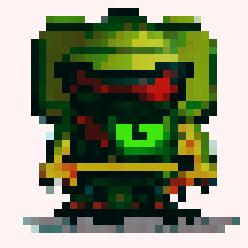 Pixelated crocodile warrior soldier fiercely charges through a swampy battlefield, brandishing a sharp toothed sword and sporting a scaly suit of armor.