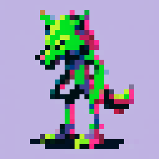 Corrupted plastic waste wolf, jagged synthetic textures, warped plastic patches, large head, glowing toxic green eyes, green goo dripping from mouth, exaggerated cartoon proportions, colorful, cartoony look, isometric perspective, crisp pixel resolution, fantasy RPG stylized, four legs visible in motion pose, sRGB palette