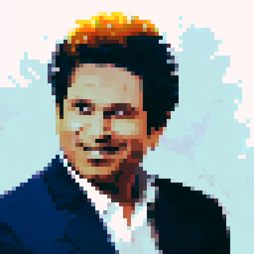 Pixel art close-up of Sachin Tendulkar, the legendary cricketer, skillfully dribbling a football in an anime style character portrait.