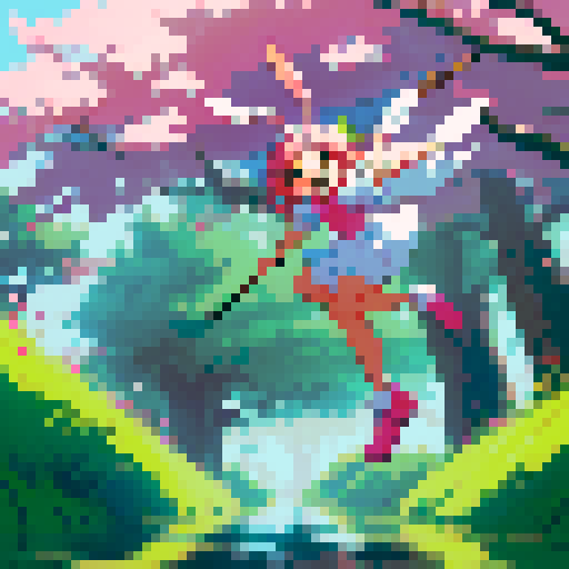 Create an image of a whimsical cartoon character wearing a bright pink bunny hat. The character is small, with a simple white body and round black eyes. It is joyfully jumping over a puddle in a muddy forest path, using a makeshift stick as a pogo stick. The background should depict vibrant green trees and shrubs, capturing a playful and adventurous scene.